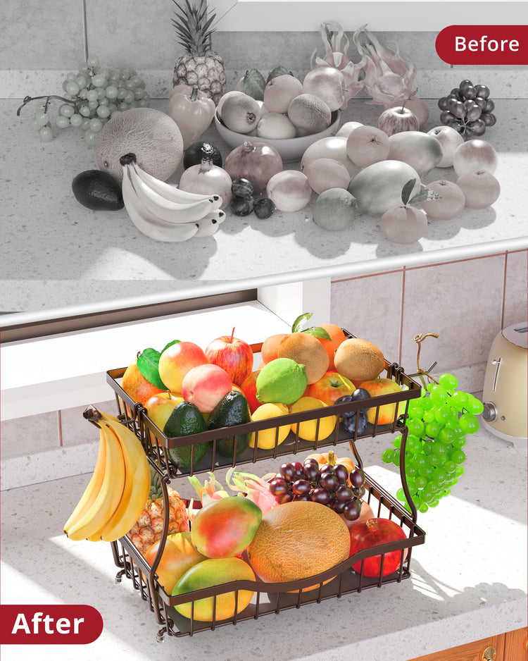 Large 2 Tier Fruit Basket for Kitchen Counter with 2 Banana Hangers (2 Count)