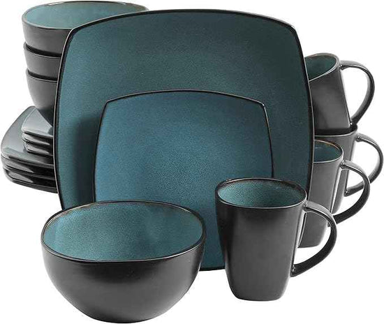 Gibson Elite Soho Lounge 16-Piece Reactive Glaze Dinnerware Set – Teal and Black Tutone Stoneware Plates and Bowls