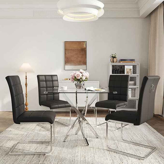 AF ARTISAN FURNITURE 5 Piece Square Glass Dining Table Set, Silver Glass Kitchen Table Set for 4 Modern Table Set with 4 Black PU Upholstered Dining Chairs, for Small Space, Breakfast Nook