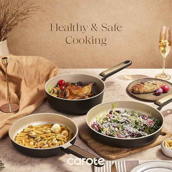 CAROTE Pots and Pans Set Nonstick, 16pcs Cookware Set Nonstick Non-Toxic & PFOA&PFOS-Free, Dishwasher, RV/Camping Cookware Set, Cooking Pots with Lids, Brown
