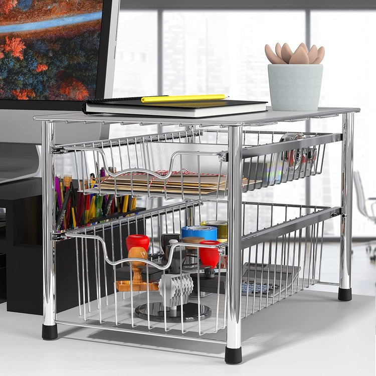 Simple Houseware Stackable 2 Tier Sliding Basket Organizer Drawer, Chrome
