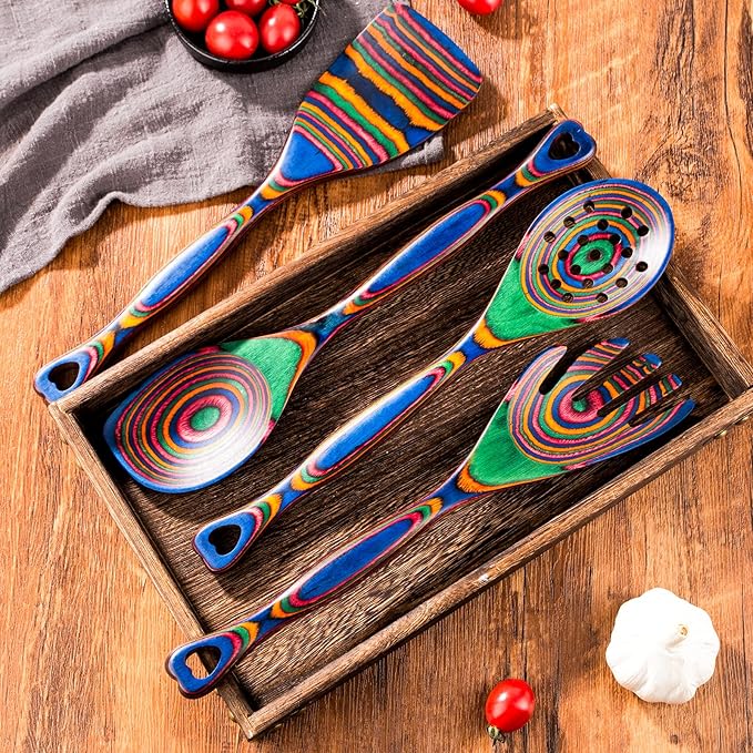 Gudamaye Pakkawood 7-Piece Wooden Cooking Utensils, Wooden Spoons for cooking, Pakkawood kitchen Utensils for Cooking, Non-Stick Spoon, Household Essentials, Heat-Resistant Spoons