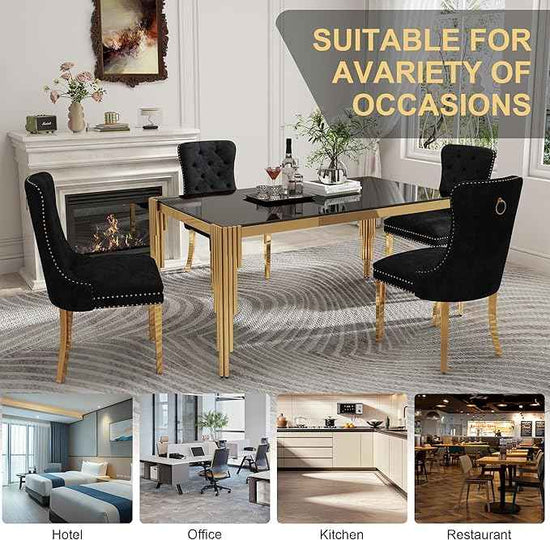 63'' Modern Glass Dining Table for 4-6 People,Black Tempered Glass Top Dining Room Table with Stainless Steel Base, Glass and Gold Dining Table for 6, Rectangle Dining Kitchen Table for Dinner