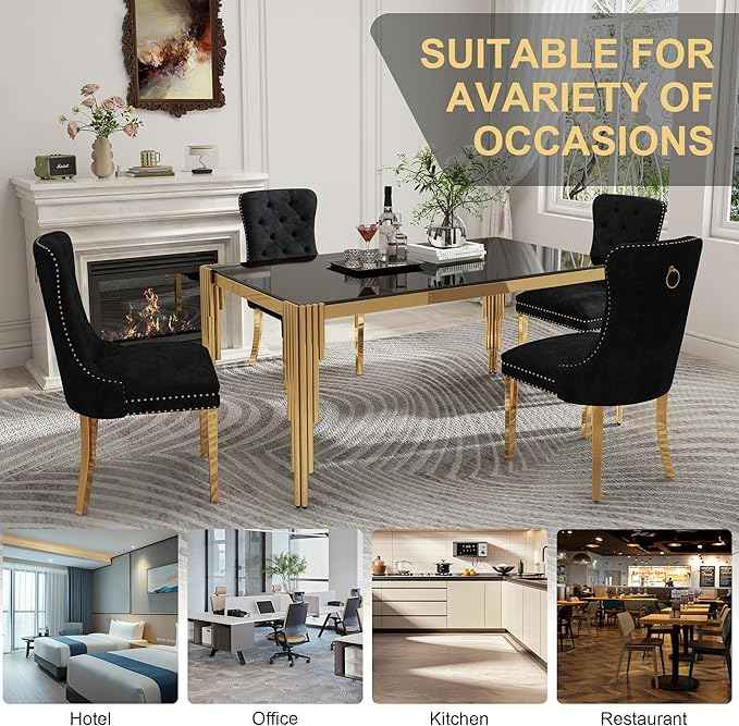 63'' Modern Glass Dining Table for 4-6 People,Black Tempered Glass Top Dining Room Table with Stainless Steel Base, Glass and Gold Dining Table for 6, Rectangle Dining Kitchen Table for Dinner