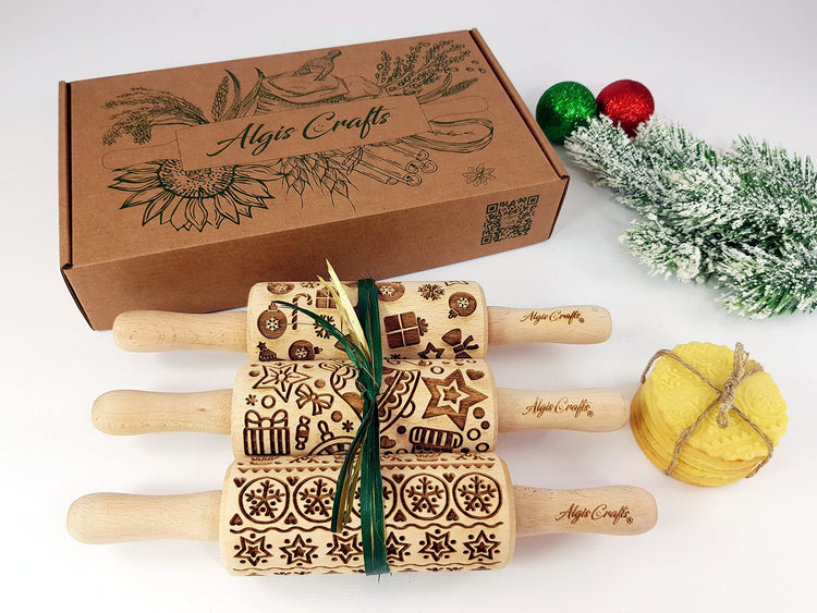 CHRISTMAS FUN 3 Kid Rolling Pin Set. Wooden Laser Cut Embossing Cut Mini Rolling Pins for Embossed Cookies. Gift for Kid