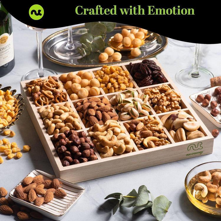 NUT CRAVINGS Gourmet Collection - Happy Birthday Treats, Nuts Gift Basket with Bday Ribbon in Reusable Wooden Tray (12 Assortments) Food Arrangement, Healthy Snack Care Package, Food Assortments