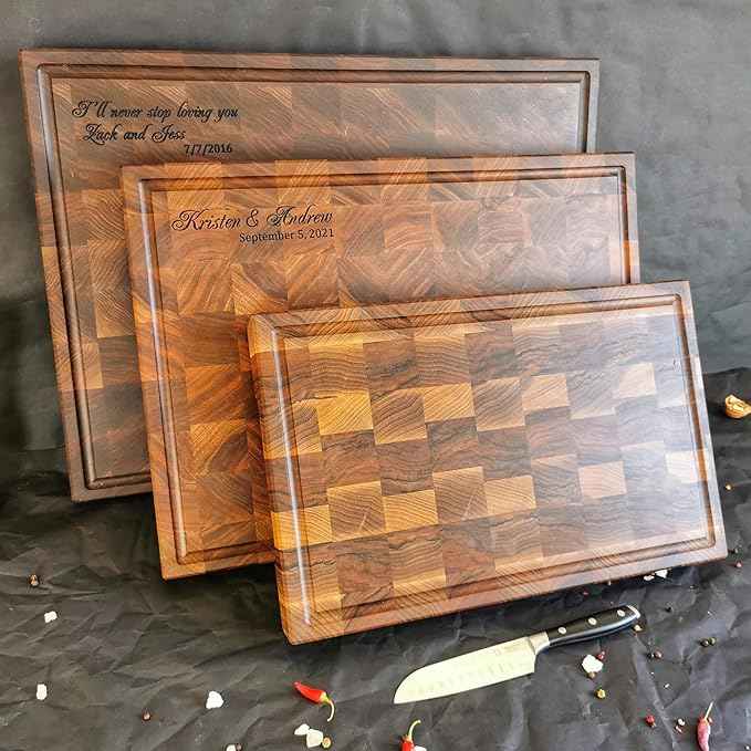 Personalized End Grain Walnut Cutting Board, GrainWoods Handcrafted Wood Kitchen Chopping Block (13x8x2 Inches)