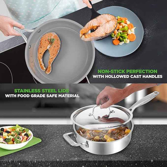 NutriChef Kitchenware Pots & Pans Set - 12 Piece, Clad Kitchen Cookware Set w/Steel Handles, Fry Pan Interior Coated w/ Ceramic Non-Stick Coating, Stylish Kitchen Cookware - NCSSX45