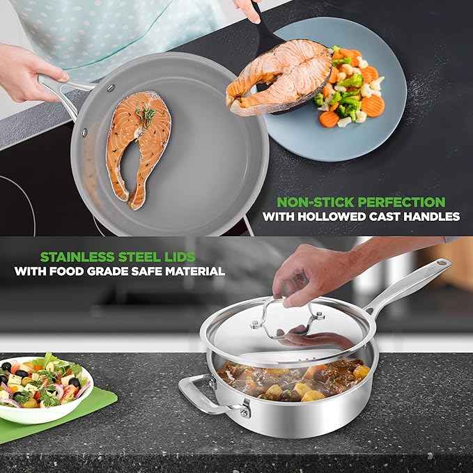 NutriChef Kitchenware Pots & Pans Set - 12 Piece, Clad Kitchen Cookware Set w/Steel Handles, Fry Pan Interior Coated w/ Ceramic Non-Stick Coating, Stylish Kitchen Cookware - NCSSX45