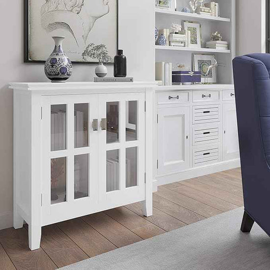 SIMPLIHOME Artisan Storage Cabinet - 30 inch Wide Solid Wood Low Storage Cabinet in White, Contemporary Accent Cabinet for Living Room or Dining Room with Glass Doors and Adjustable Shelves