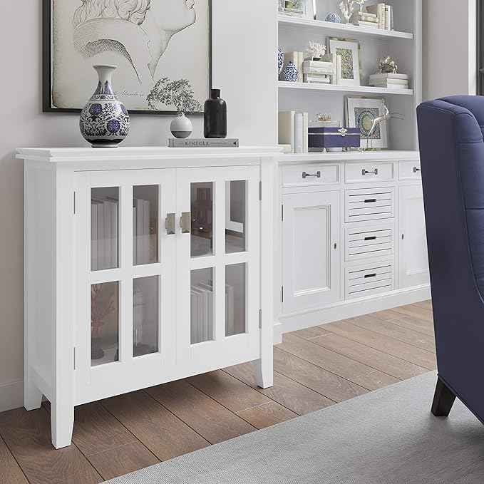 SIMPLIHOME Artisan Storage Cabinet - 30 inch Wide Solid Wood Low Storage Cabinet in White, Contemporary Accent Cabinet for Living Room or Dining Room with Glass Doors and Adjustable Shelves