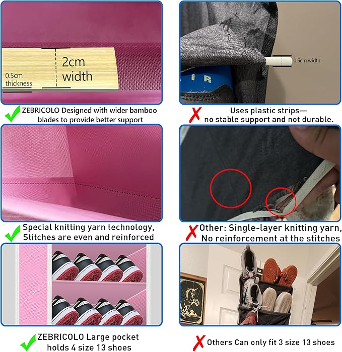 Over The Door Shoe Organizer, 70 Pounds Large Capacity, 20-30-Pair shoe organizer, Heavy Duty-Extra Deep Pockets ,Anti-Scratch Hooks & FSC-Certified Bamboo ,Engineered for Men’s Size 13 shoe,Pink