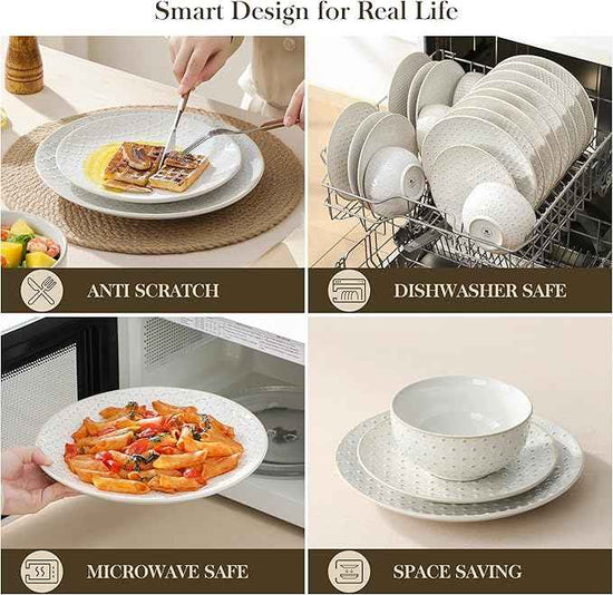 MALACASA 24 Piece Dinnerware Set, Embossed Ceramic Dish Sets Service for 8, Plates and Bowls Set, Durable Stoneware Tableware for Family Dinners, Dishwasher & Microwave Safe