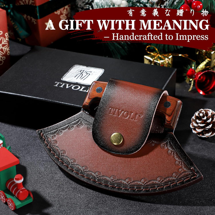 TIVOLI Hand-Forged Ulu Knife – Full Tang High Carbon Steel, Japanese-Inspired with Sheath & Gift Box, Mezzaluna Rocker Knife & Pizza Cutter for Kitchen, Camping & BBQ,Japanese Birthday Gifts for Men