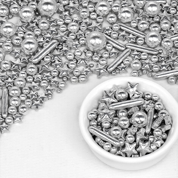 Silver Pearl Rods Star Sugar Sprinkles, Silver Sprinkles for Cake, Edible Pearls Baking Candy, 150g/5.29oz Mix Size, Cupcake Decoration, Wedding Party Supplies