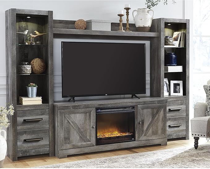 Signature Design by Ashley Wynnlow Rustic 4-Piece Entertainment Center for TVs up to 72" with Electric Fireplace, LED Lighting and Adjustable Temperature, Gray