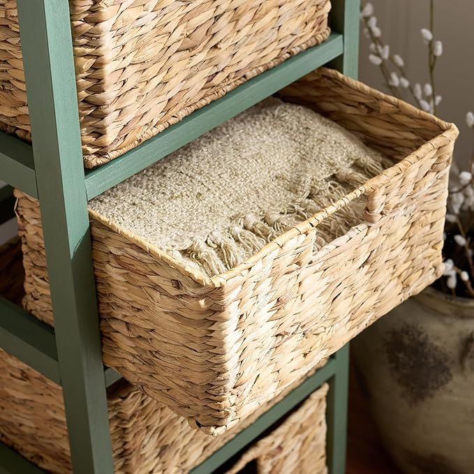 SAFAVIEH Home Collection – Vedette Dusty Green 5-Basket Storage Tower, Natural Rattan Accent Design, Fully Assembled (AMH5739J)