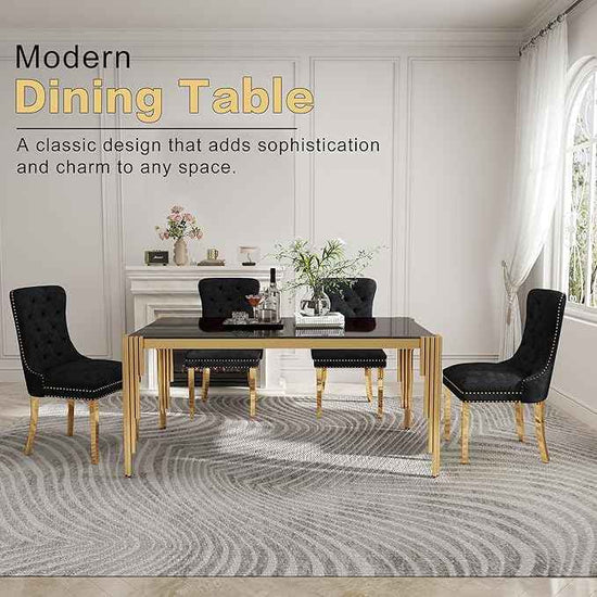 63'' Modern Glass Dining Table for 4-6 People,Black Tempered Glass Top Dining Room Table with Stainless Steel Base, Glass and Gold Dining Table for 6, Rectangle Dining Kitchen Table for Dinner