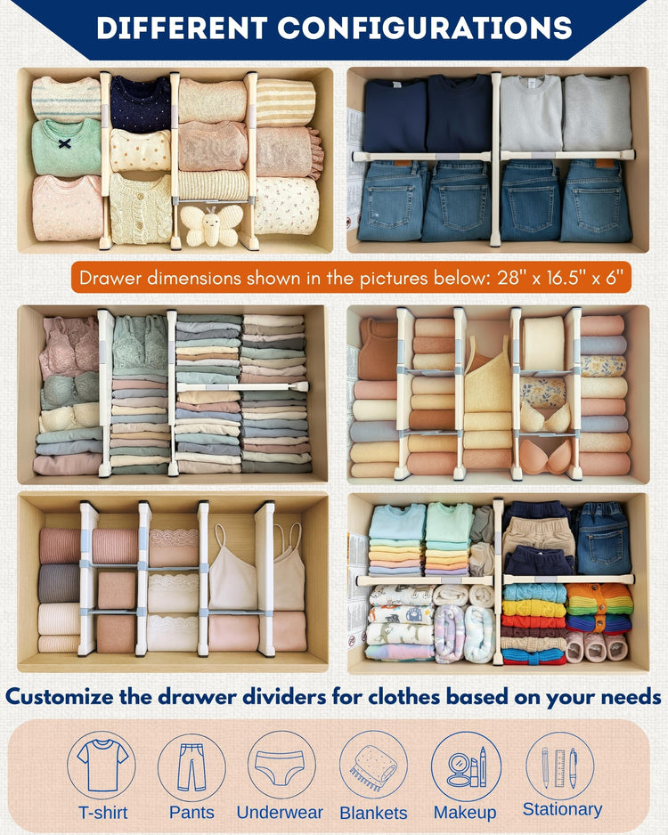 4 Pack Adjustable Drawer Dividers for Clothes with Scent Slots 4" High
