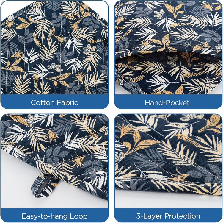 Pot Holders for Kitchen Heat Resistant Hot Pads for Countertops Oven Pot Holders Cotton Potholders for Kitchen Cooking Baking (Blue Leaves)