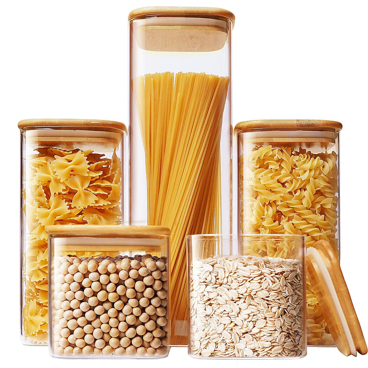 Square Glass Jars with Bamboo Lids [Muti Size Set of 5] (5 Count)