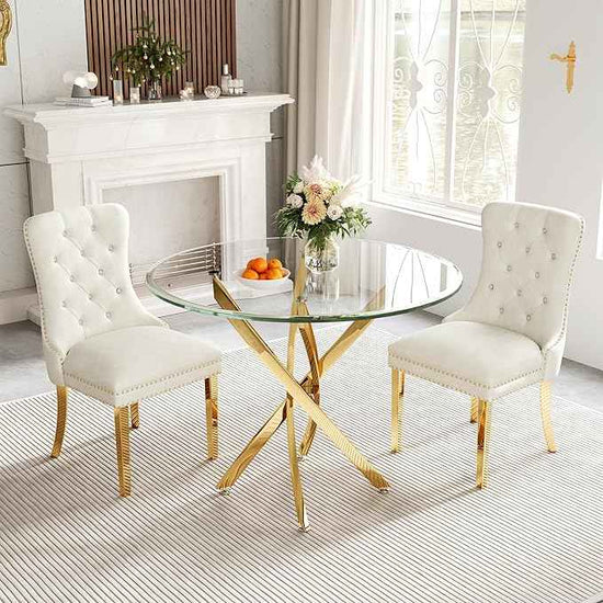 AF ARTISAN FURNITURE 36" Round Glass Dining Table for 4, Stainless Steel Legs & Tempered Glass Top, Modern Circle Leisure Table for Home Office Kitchen Dining Room Small Spaces (Gold Leg)