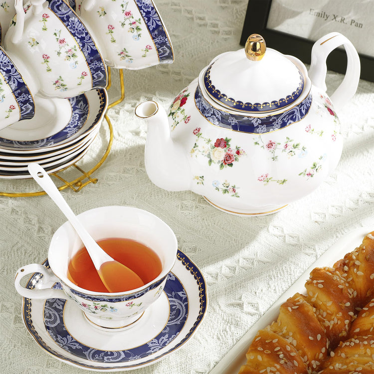 21 Piece Blue Lace and Roses Bone China Tea Sets for Adults (21 Count)