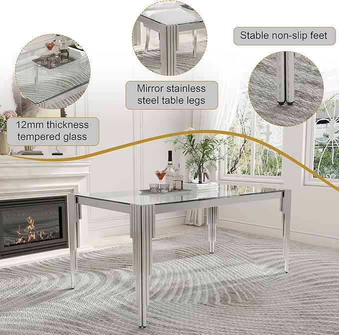 63'' Modern Glass Dining Table for 4-6 People,Tempered Glass Top Dining Room Table with Stainless Steel Base, Glass and Silver Dining Table for 6, Rectangle Dining Kitchen Table for Dinner