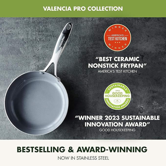 GreenPan Valencia Pro Tri-Ply Stainless Steel 9 Piece Cookware Set, PFAS-Free Ceramic Nonstick Coating, Induction Ready Pots & Pans, All Cooktops, Dishwasher & Oven Safe to 600F