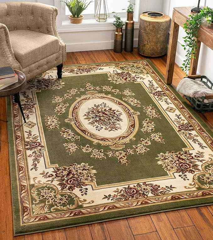 Well Woven Pastoral Medallion Green French Area Rug European Formal Traditional (5'3" x 7'3") Easy Clean Shed Free Modern Classic Thick Soft Plush Living Dining Room Area Rug