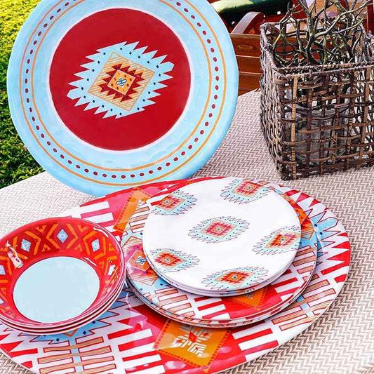 Paseo Road Southwest 14 Piece Melamine Plastic Dinnerware Set with Plates, Bowls and Serving Platter, Aztec Geometric Pattern, Western Southwestern Rustic Cabin Lodge Style