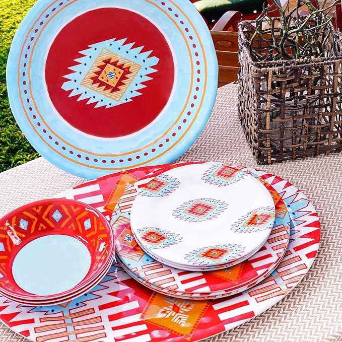 Paseo Road Southwest 14 Piece Melamine Plastic Dinnerware Set with Plates, Bowls and Serving Platter, Aztec Geometric Pattern, Western Southwestern Rustic Cabin Lodge Style