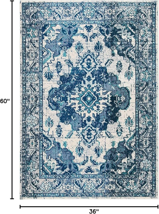 SAFAVIEH Monaco Collection Area Rug - 3' Square, Ivory & Blue, Non-Shedding & Easy to Clean, Distressed Medallion Design, Ideal for Living Room, Bedroom, Dining Space (MNC243A)