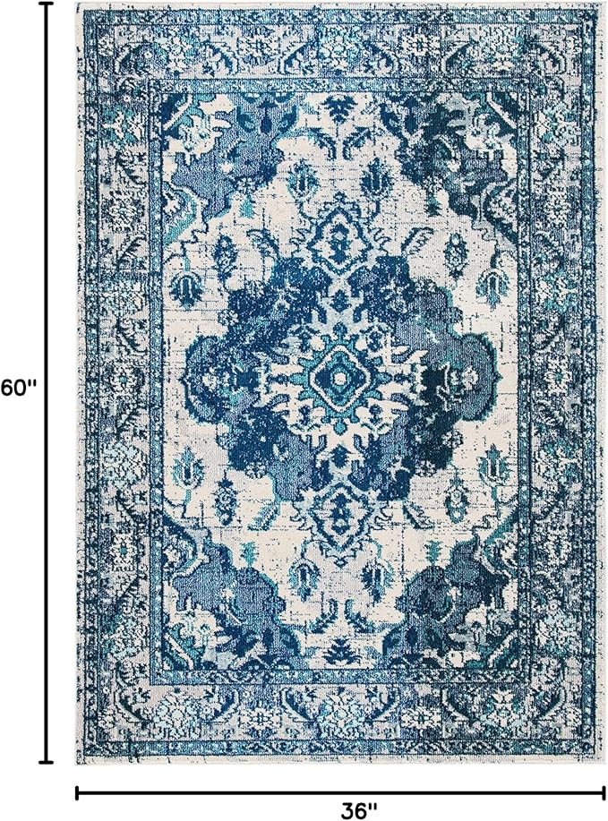 SAFAVIEH Monaco Collection Area Rug - 3' Square, Ivory & Blue, Non-Shedding & Easy to Clean, Distressed Medallion Design, Ideal for Living Room, Bedroom, Dining Space (MNC243A)