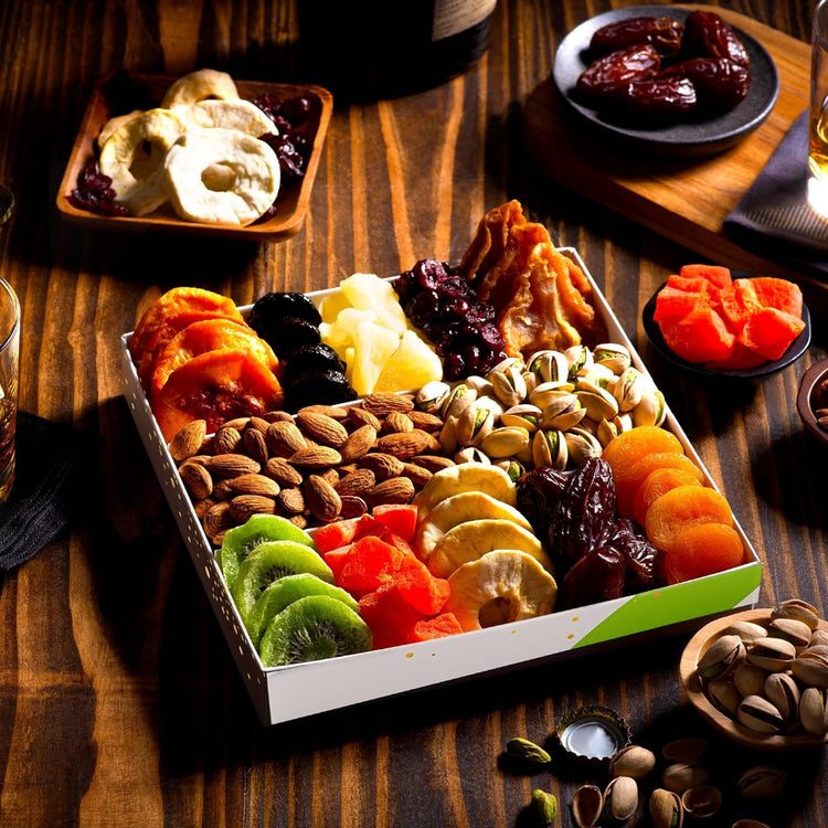 NUT CRAVINGS - Rosh Hashana & Shana Tova Dried Fruit & Mixed Nuts Gift Basket in White Gold Box (12 Assortments) Food Arrangement, Healthy Snack Care Package, Food Assortments