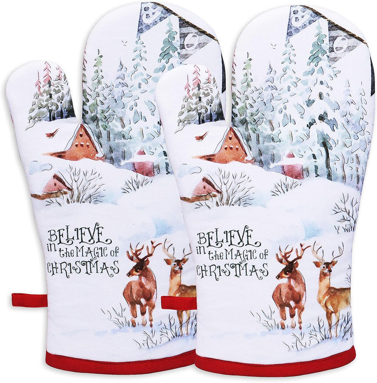 AMOUR INFINI Oven Mitts Set of 1 Quilted Liner with Hanging Loop Non Slip, Heat Resistant, Washable Reusable Oven Mitt Gifts (Christmas Winter 7x13 Inches)