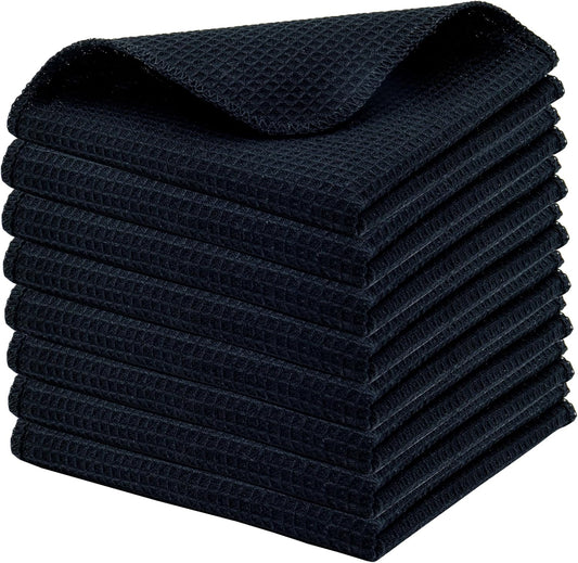 PurpleEssences Dish Cloths and Dish Rags - 8 Pack Waffle Weave Solid Kitchen Dish Wash Cloths, 100% Cotton, 12 x 12 Inches, Ultra Soft Absorbent Quick Drying - Spring Summer - Black - Nestoria