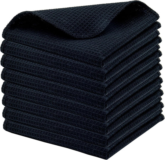 PurpleEssences Dish Cloths and Dish Rags - 8 Pack Waffle Weave Solid Kitchen Dish Wash Cloths, 100% Cotton, 12 x 12 Inches, Ultra Soft Absorbent Quick Drying - Spring Summer - Black - Nestoria