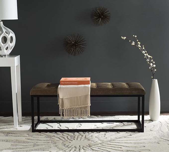 SAFAVIEH Home Collection – Reynolds Tan Tufted Upholstered Accent Bench, Modern Parsons-Style Open Frame Bench for Bedroom, Entryway or Living Room, Black Legs (FOX6225D)