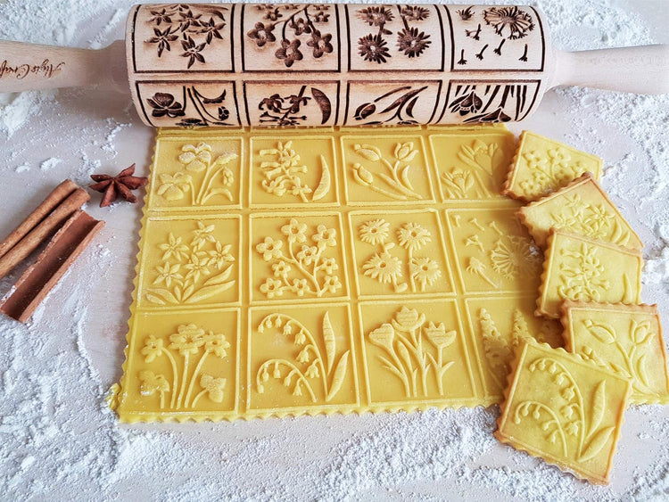 Embossing Rolling Pin SPRING FLOWERS with 16 different spring flowers by Algis Crafts