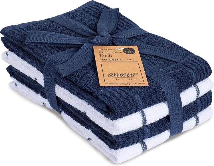 AMOUR INFINI Kitchen Towels Pack of 4 Absorbent, Quick Drying Premium Terry Cotton Dish Towel with Hanging Loop 16x28 Inch Hand & Tea Towels (Blue) - Nestoria