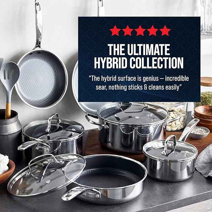 Blue Diamond Hybrid Nonstick Stainless Steel 16 Piece Cookware Set, Tri-Ply PFAS-Free Ceramic Diamond Bond Pots & Pans, Dishwasher & Oven Safe to 850F, Induction Ready, Metal Utensil Safe, Silver