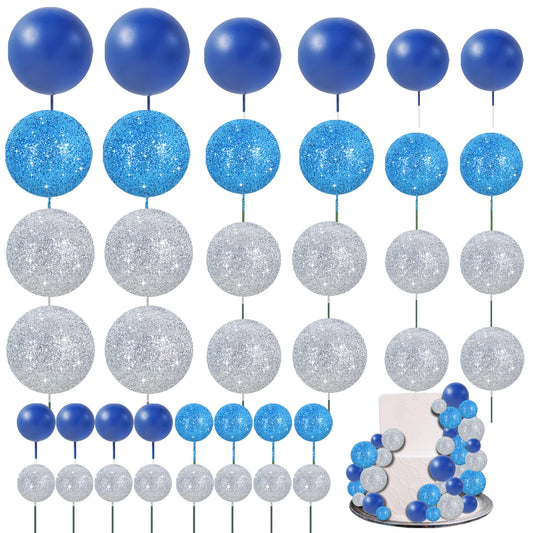 40 Pcs Ball Cake Toppers Mini Balls Cake Decorations Blue Silver Foam Balls Sticks DIY Cake Topper for Baking Congrats Grade 2026 Graduation Birthday Winter Party Decorations (40 Count)