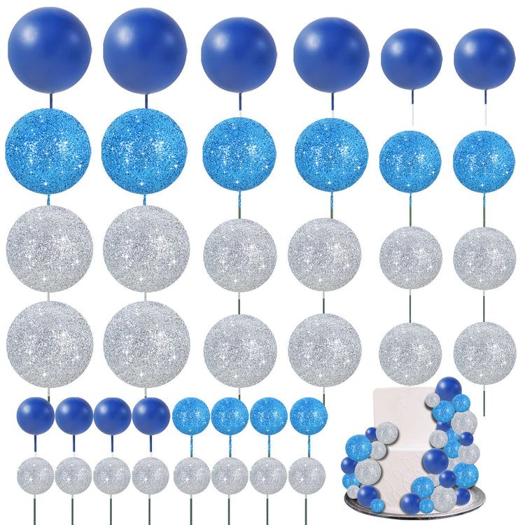 40 Pcs Ball Cake Toppers Mini Balls Cake Decorations Blue Silver Foam Balls Sticks DIY Cake Topper for Baking Congrats Grade 2026 Graduation Birthday Winter Party Decorations (40 Count)