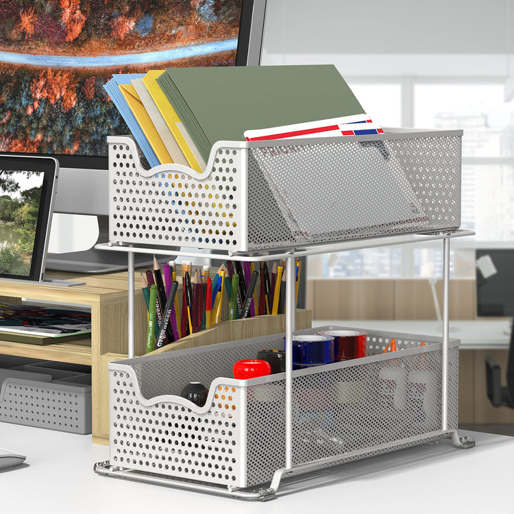2 Tier Sliding Cabinet Basket Organizer Drawer