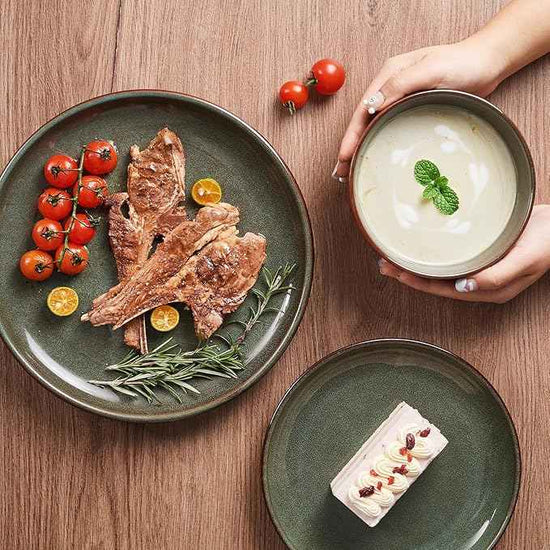 32 Piece Double Bowl Dinnerware Sets with Pasta Bowls, Highly Chip and Crack Resistant Plates and Bowls Sets, Natural Earthyware Ceramic Dishware Sets, Service for 8 Brown Green