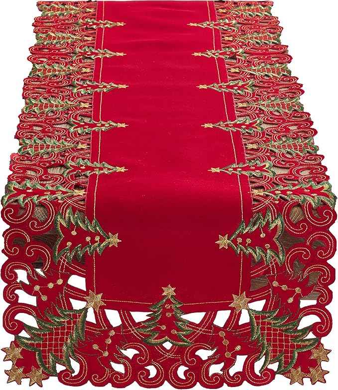 Fennco Styles Pandoro Collection Holiday Embroidered Christmas Tree Cutwork Border 16 x 54 Inch Table Runner – Red Table Runner for Christmas Dinner, Family Gathering, Special Events and Home Décor