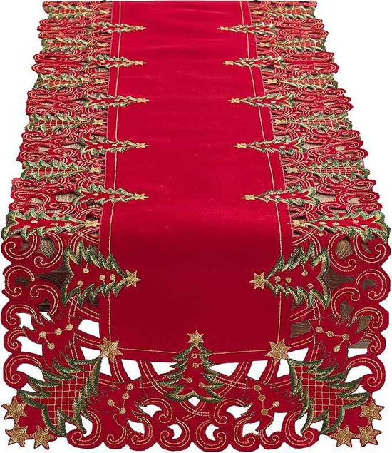 Fennco Styles Pandoro Collection Holiday Embroidered Christmas Tree Cutwork Border 16 x 90 Inch Table Runner – Red Table Runner for Christmas Dinner, Family Gathering, Special Events and Home Décor