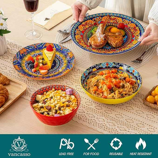 vancasso 24 Pieces Plates and Bowls Set, Bohemian Style Dinnerware Sets Service for 6, Porcelain Boho Dishes Set for Kitchen, Housewaring Gift, Dishwasher and Microwave Safe, Series KRVI