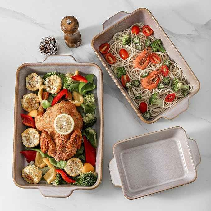 HVH 9x13 Baking Dish Set, Large Casserole Dishes for Oven, Ceramic Bakeware Set of 3, Rectangular Lasagne Pan Deep for Baking (Sand Color)